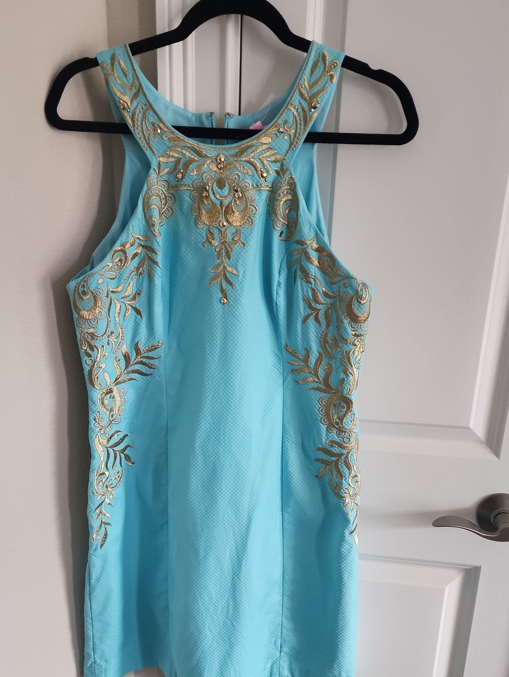 Lilly Pulitzer Blue Ibiza Tina Blue NWOT Dress with Gold Embroidery Size 10